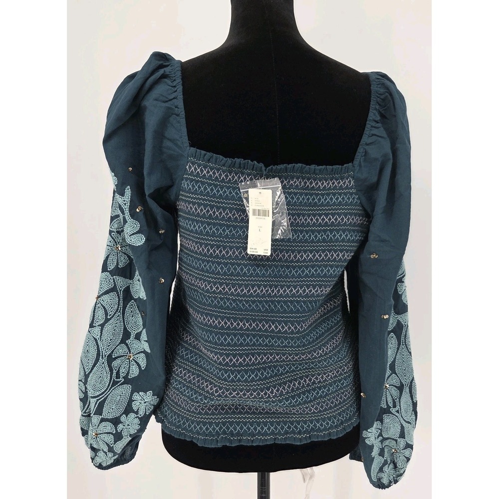 Anthropologie Smocked Embroidered Large Aqua Balloon Sleeve Blouse NWT